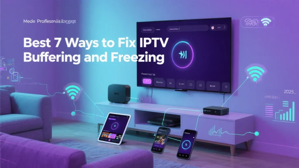 Multiple IPTV streaming devices including smart TV, streaming box, tablet and smartphone showing buffering icons with "Best 7 Ways to Fix IPTV Buffering and Freezing" text overlay in modern home setup