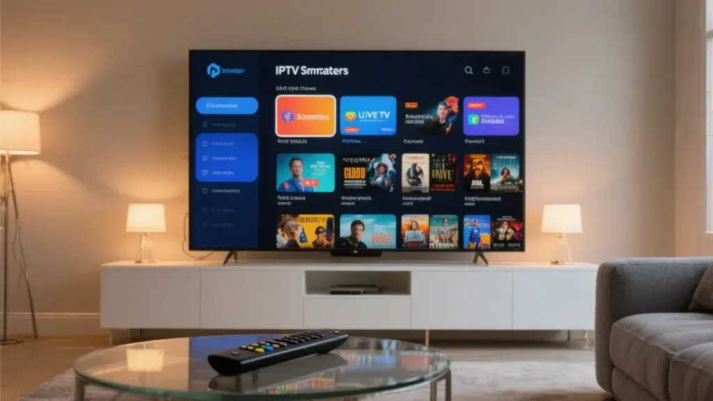 IPTV Smarters app interface displayed on smart TV showing main menu with Live TV, movies, and content categories in modern living room with TV remote on coffee table