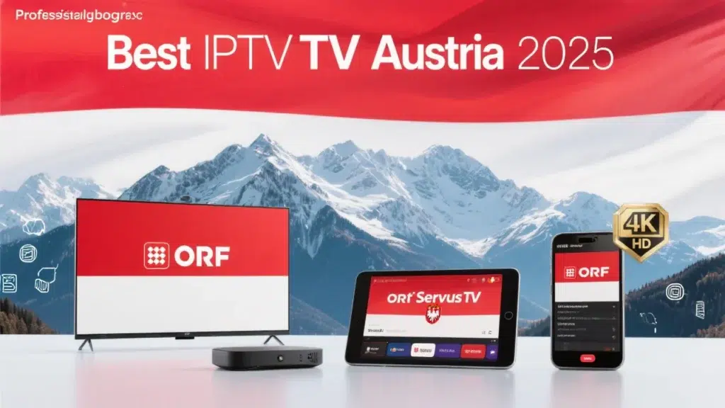 Best IPTV Austria 2025 guide featuring streaming devices with Austrian channels ORF and ServusTV against Alpine backdrop
