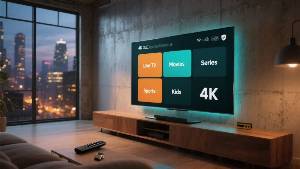 Bezel‑less 4K OLED TV in a modern loft at dusk showing a generic IPTV dashboard (Live TV, Movies, Series, Sports, Kids, 4K) with secure icons; remote on an oak console, city lights in the background.