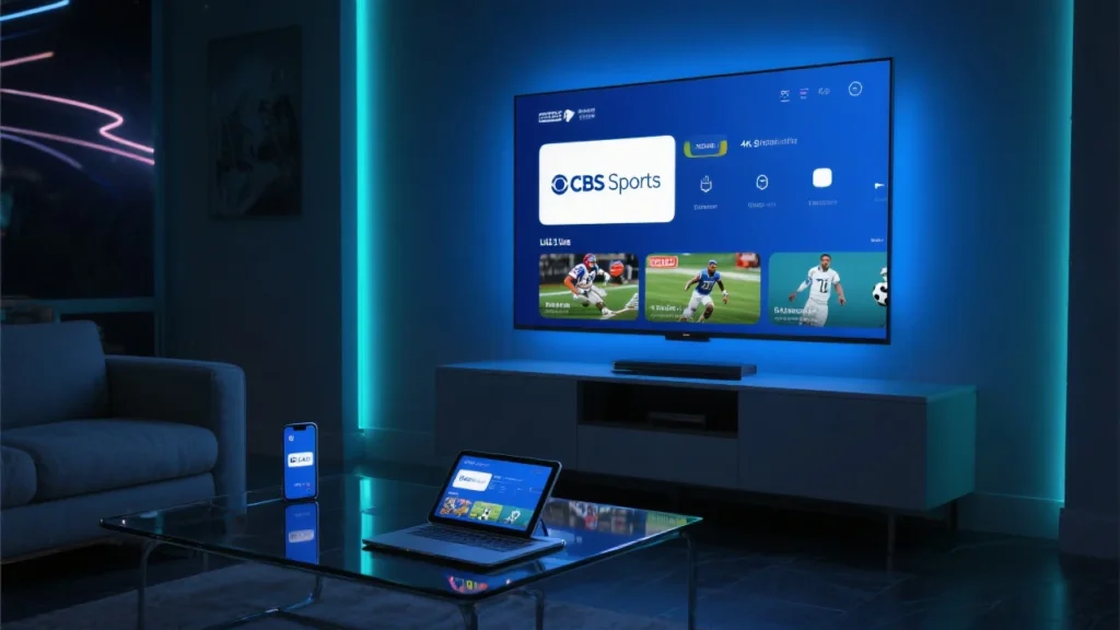 Sleek living room with 4K IPTV CBS Sports showing a generic CBS Sports streaming dashboard, plus phone, tablet, and laptop streaming in sync.