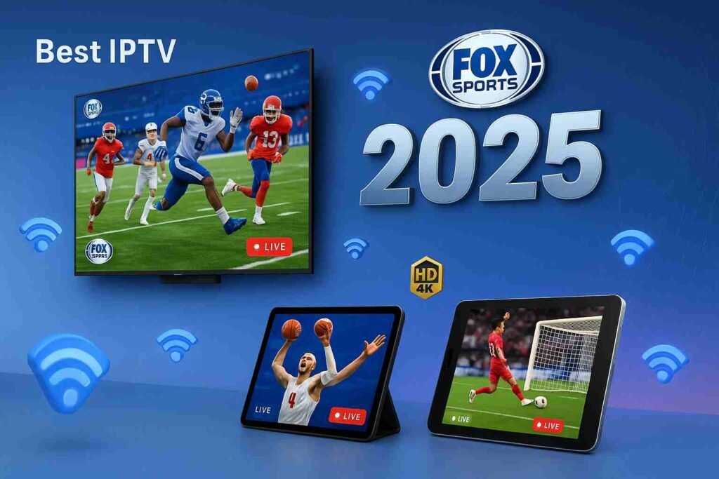Multiple streaming devices displaying IPTV Fox Sports content with live football, basketball and soccer games in 2025 for best Fox Sports streaming services