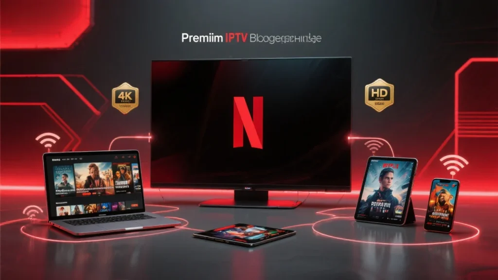 Best IPTV Netflix service 2025 streaming on multiple devices including smart TV, laptop, tablet and smartphone with 4K HD quality badges