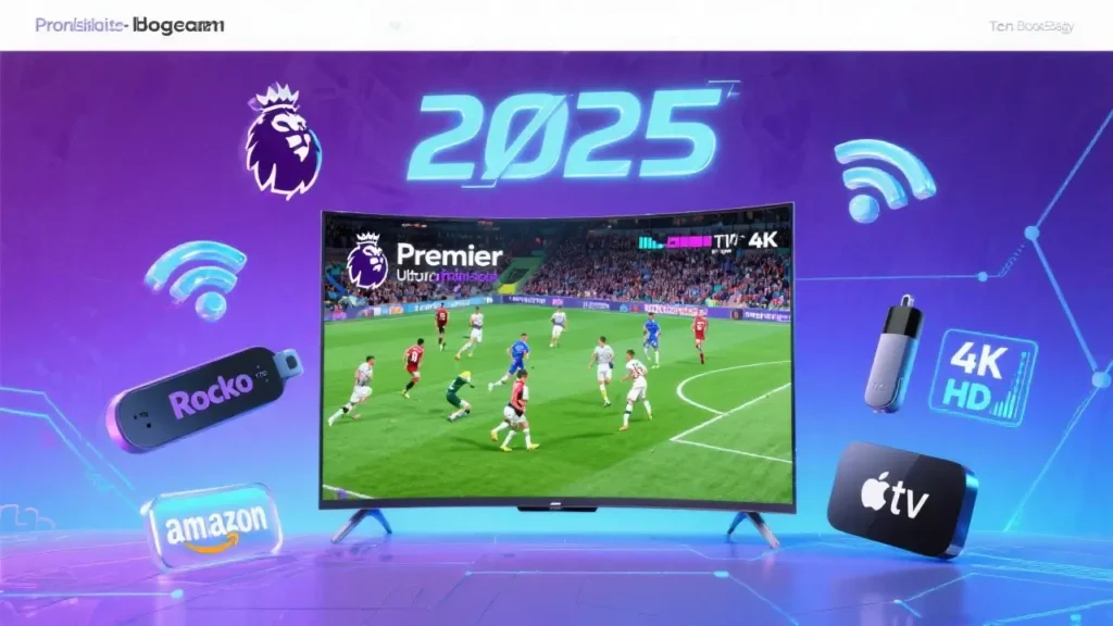 Modern smart TV displaying IPTV Premier League football match with streaming device icons and 2025 text on purple-blue gradient background for IPTV blog header