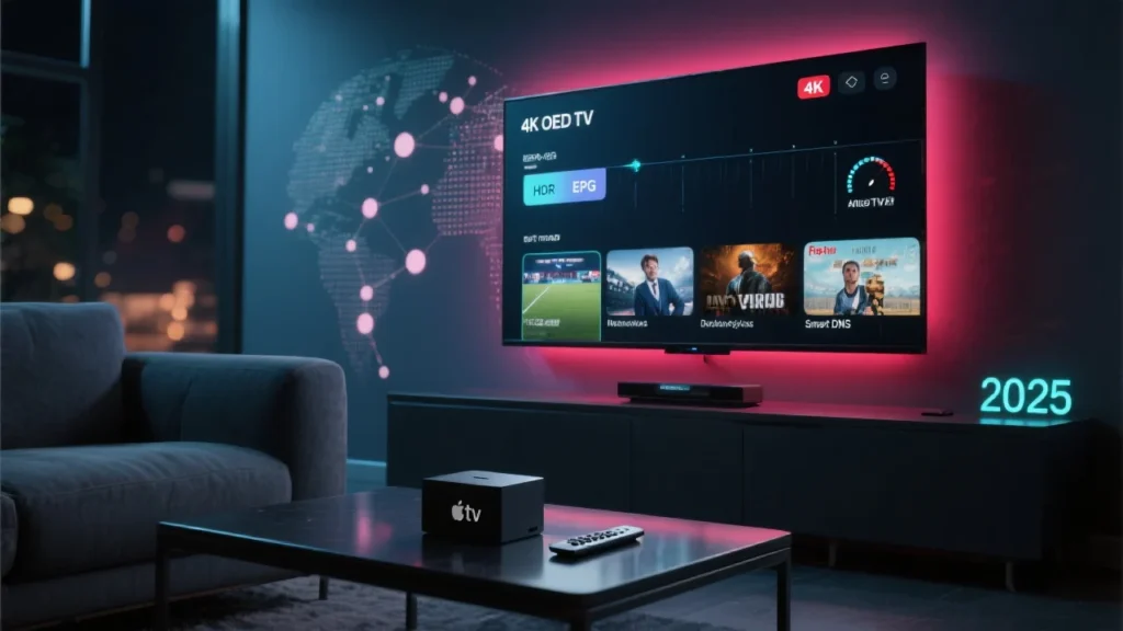 Best IPTV Viaplay Service in 2025 hero image: modern living room with a 4K TV showing a generic IPTV EPG and tiles (sports, movies, Nordic series), 4K/HDR/VPN/Smart DNS badges, and left-side space for a title overlay.