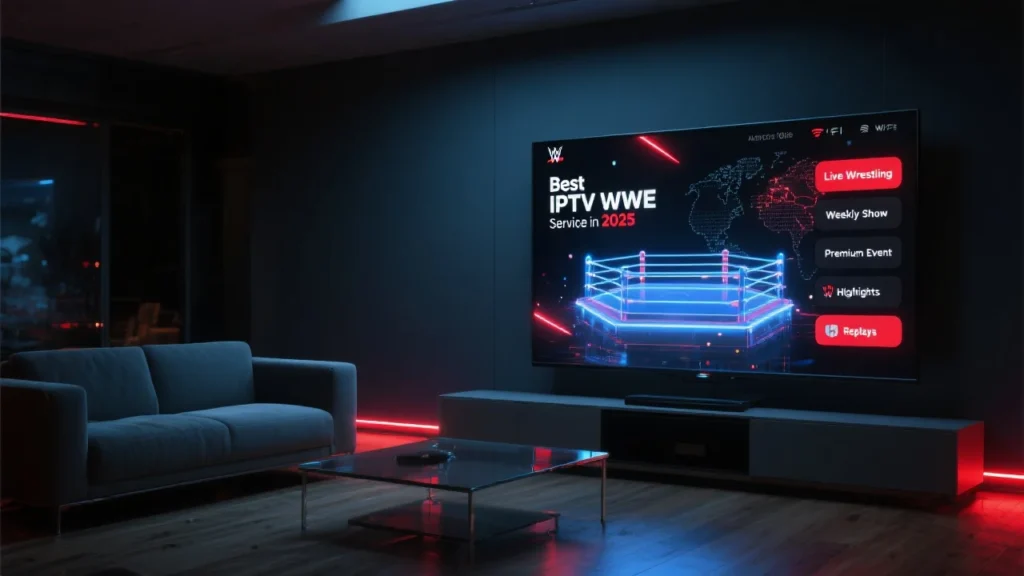 Smart TV in a modern living room shows an IPTV wrestling interface; a holographic ring glows in neon red/blue with “Best IPTV WWE Service in 2025