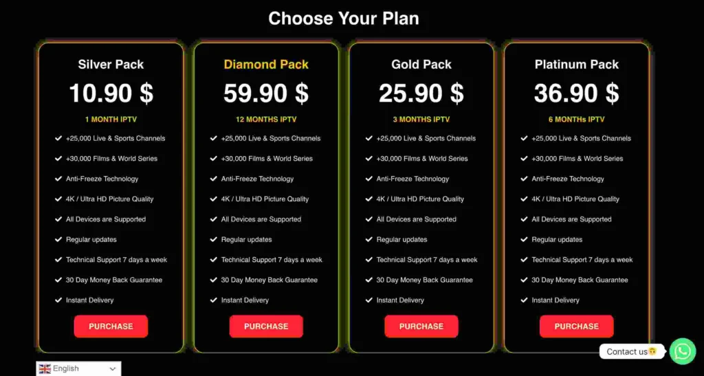 I Love My IPTV pricing plans showing Silver, Diamond, Gold and Platinum packages with monthly rates and channel counts