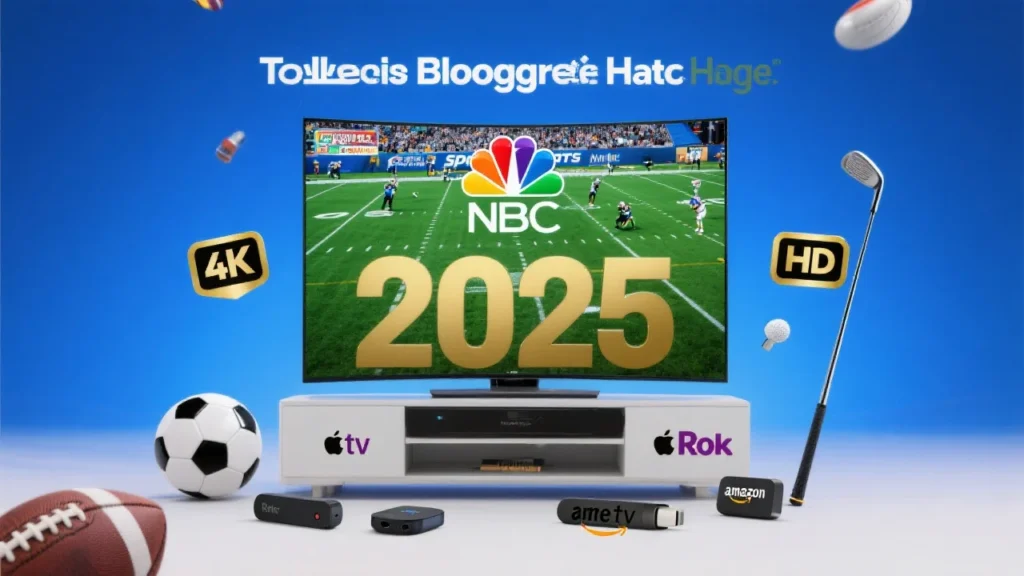 Best IPTV NBC Sports streaming devices 2025 featuring smart TV with NBC Sports logo, Roku Apple TV Fire TV stick, 4K HD quality indicators and sports equipment