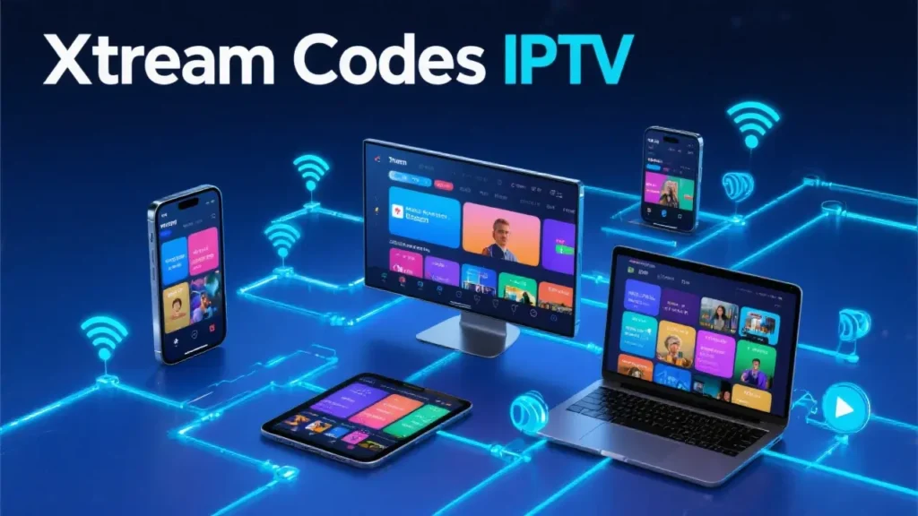 Xtream Codes IPTV streaming illustration showing multiple connected devices including smartphone, tablet, smart TV and laptop with channel grids and network connectivity symbols on dark blue background