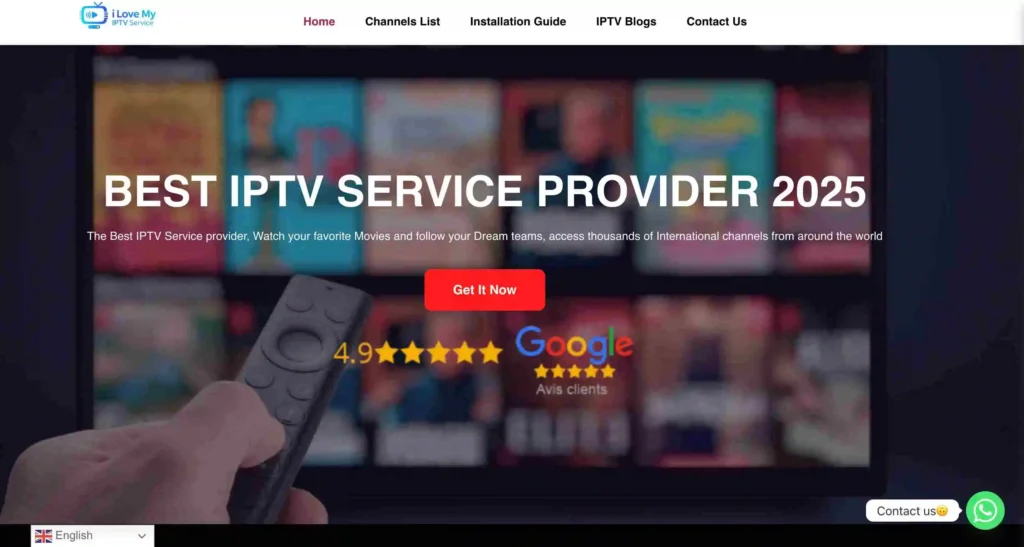 I Love My IPTV Service homepage showing Best IPTV Service Provider 2025 with hand holding remote control and 4.9 star Google rating