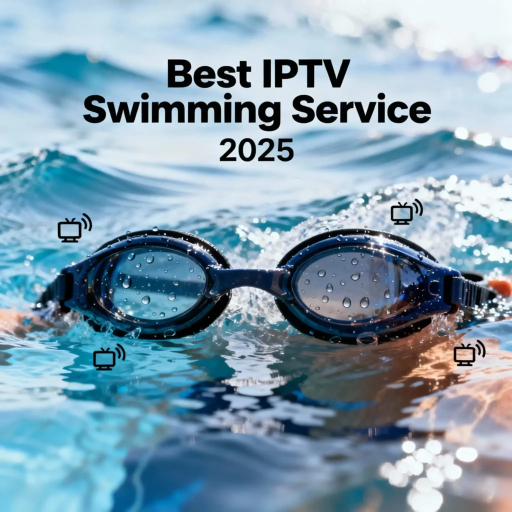 Best IPTV swimming service 2025 - Swimming goggles in pool water with streaming device icons
