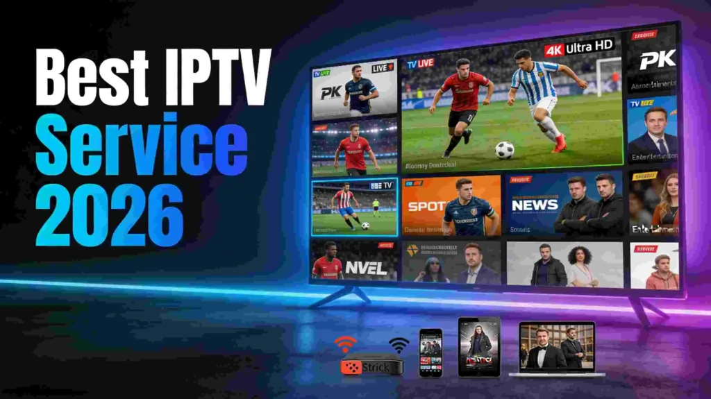 Best IPTV service 2026 showing smart TV with live channels, streaming devices including Firestick and smartphone