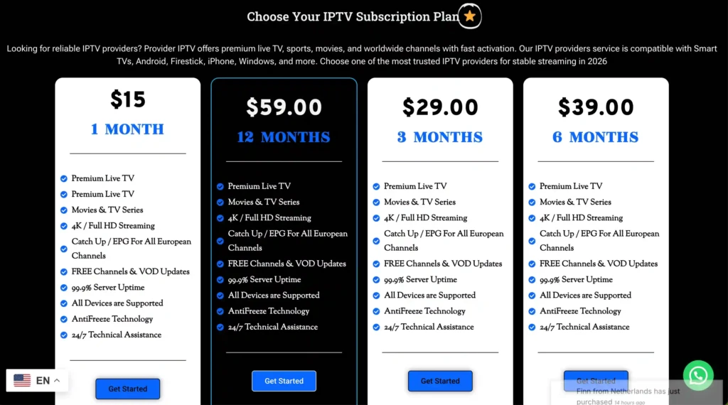 ProviderIPTV.shop pricing page showing 1-month, 3-month, 6-month, and 12-month IPTV subscription plans with features and Get Started buttons.