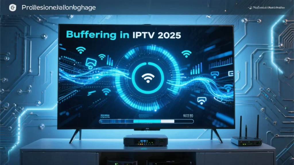 Smart TV displaying IPTV content with prominent buffering wheel and progress bar, network data flow animations and "Buffering in IPTV 2025" text overlay in modern tech setup