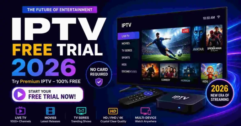 Futuristic IPTV Free Trial 2026 promotional banner featuring a smart TV streaming live sports, movies, and TV series with vibrant neon blue and purple colors, IPTV box, remote control, and free trial call-to-action.