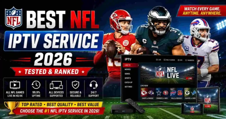 Futuristic NFL IPTV streaming concept showing a glowing digital stadium at night with neon blue and red highlights, featuring floating UI screens displaying ranked IPTV services and 4K live streaming visuals.