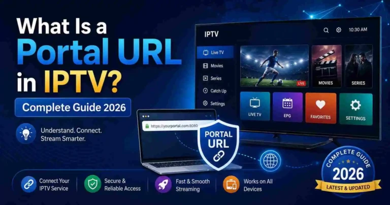 Modern IPTV infographic showing a Portal URL connection between a laptop and smart TV interface with streaming categories, live TV icons, and the title “What Is a Portal URL in IPTV? Complete Guide 2026” on a dark blue futuristic background.