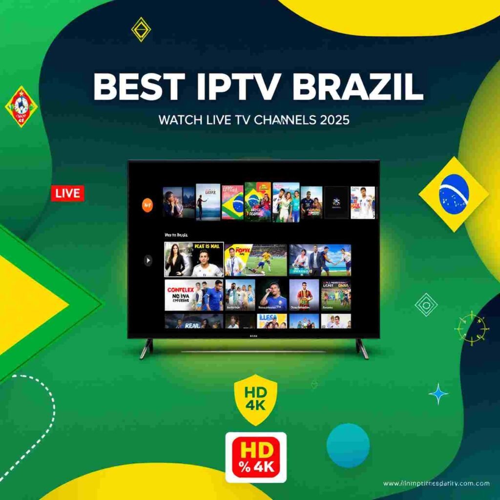 Modern TV display showing IPTV Brazil service with national flag colors, channel icons, and streaming indicators for 2025 live television options