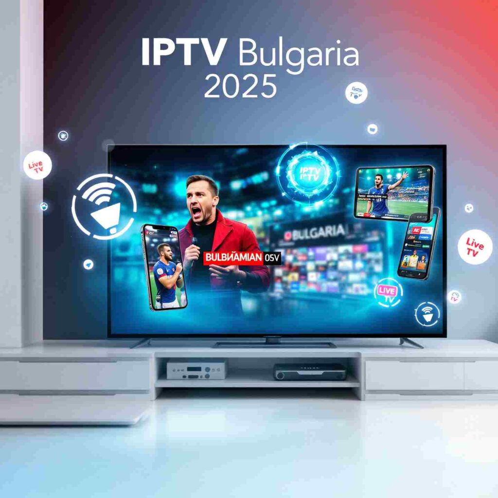 Multiple devices showing Bulgarian IPTV streaming across smartphone, tablet, laptop and smart TV with Bulgarian entertainment content, 2025