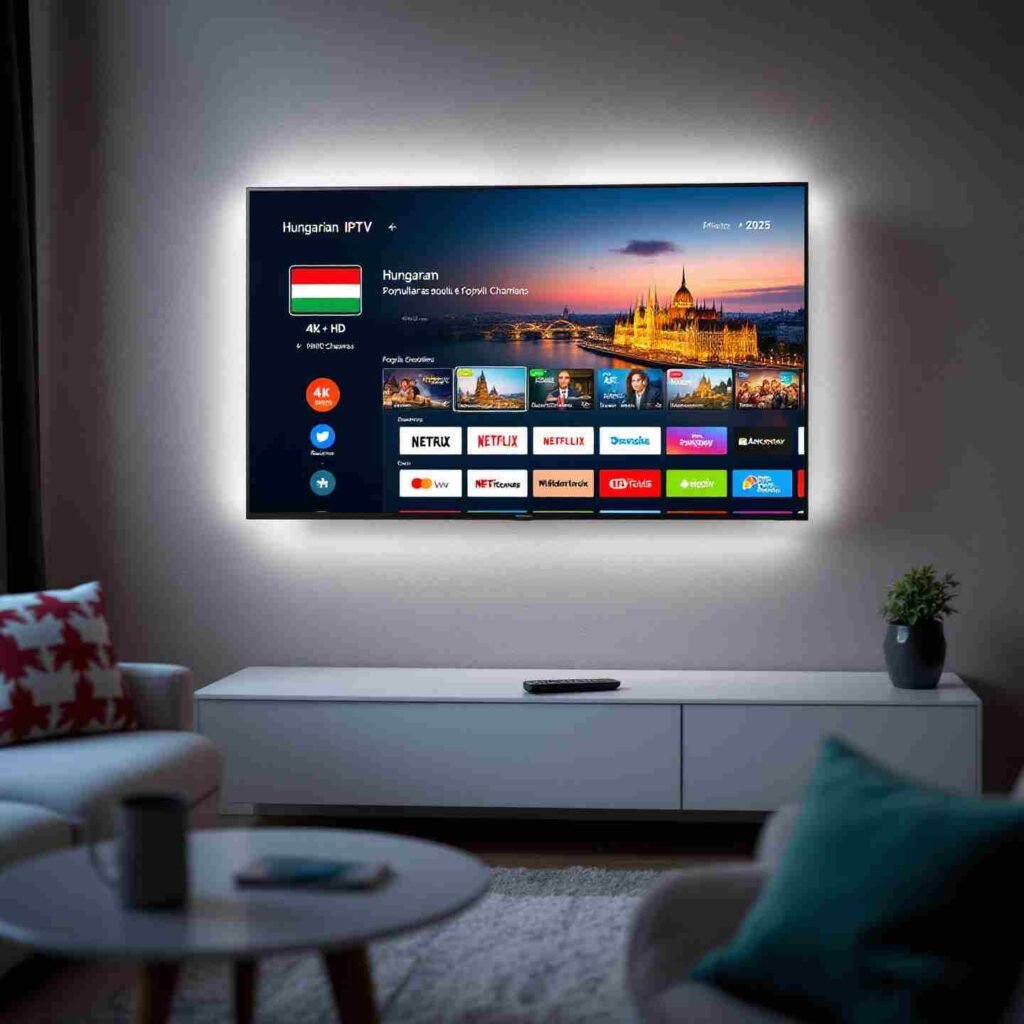 Multiple devices showing IPTV Hungary streaming with national colors and Budapest landmarks, 2025