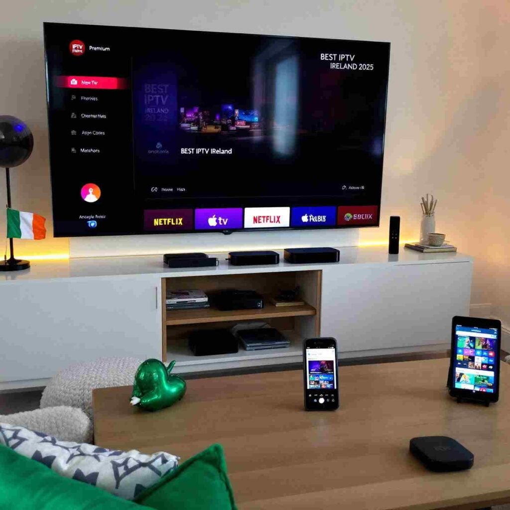 Modern smart TV displaying multiple Irish streaming channels with IPTV ireland interface showing Dublin cityscape and sports content