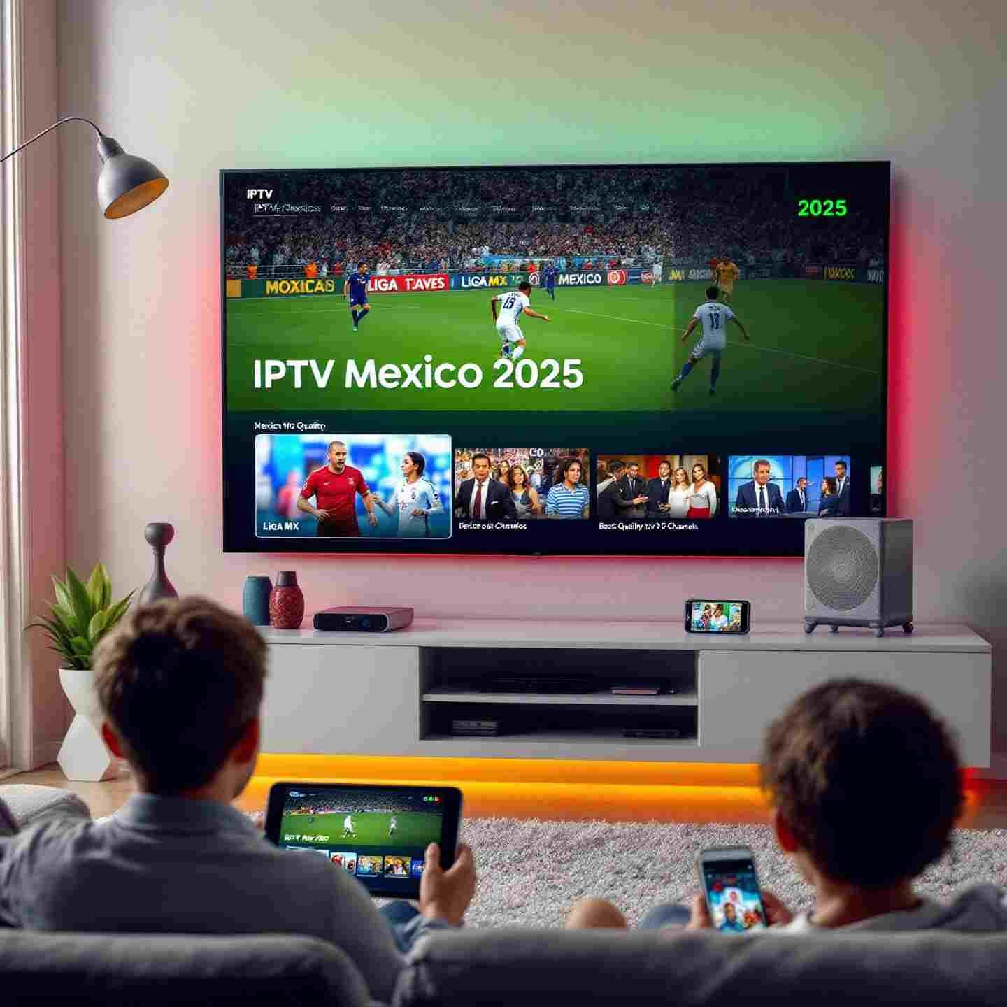 Multiple devices displaying Mexican TV channels through IPTV Mexico streaming services, including a smart TV showing a soccer match, tablet with telenovelas, and smartphone with news content against a digital Mexico map background