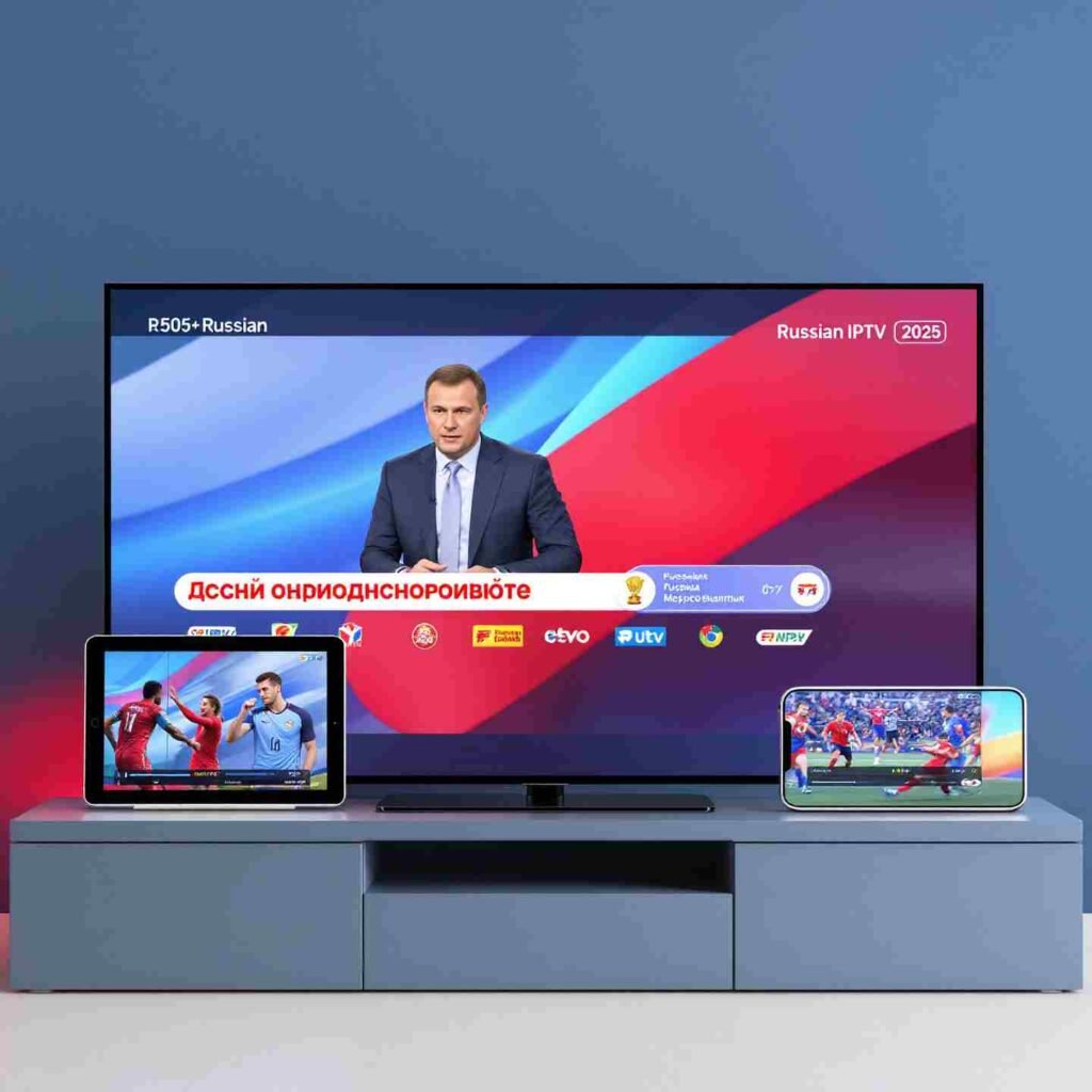 Multiple devices showing IPTV Russia streaming services with Moscow skyline in background