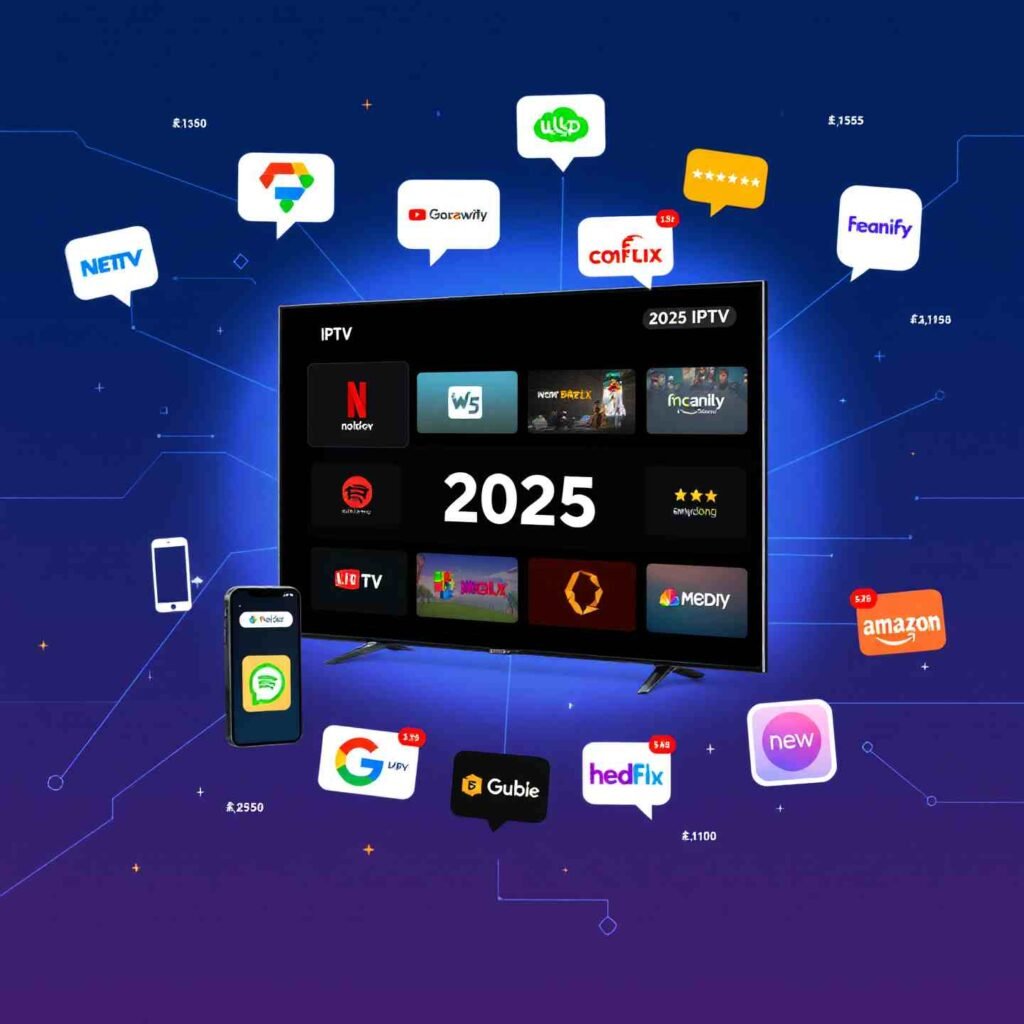 Person using tablet with IPTV app showing multi-device streaming capabilities across smartphone and smart TV with popular IPTV USA channels