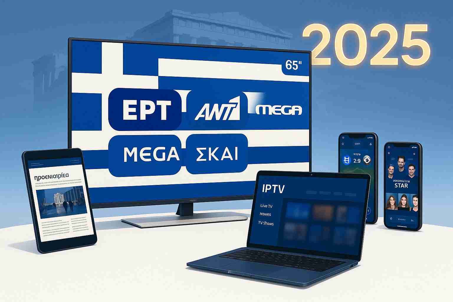 Modern smart TV displaying Greek IPTV Greece channels with streaming devices, Greek flag colors, and 2025 typography for best IPTV Greece service providers blog post