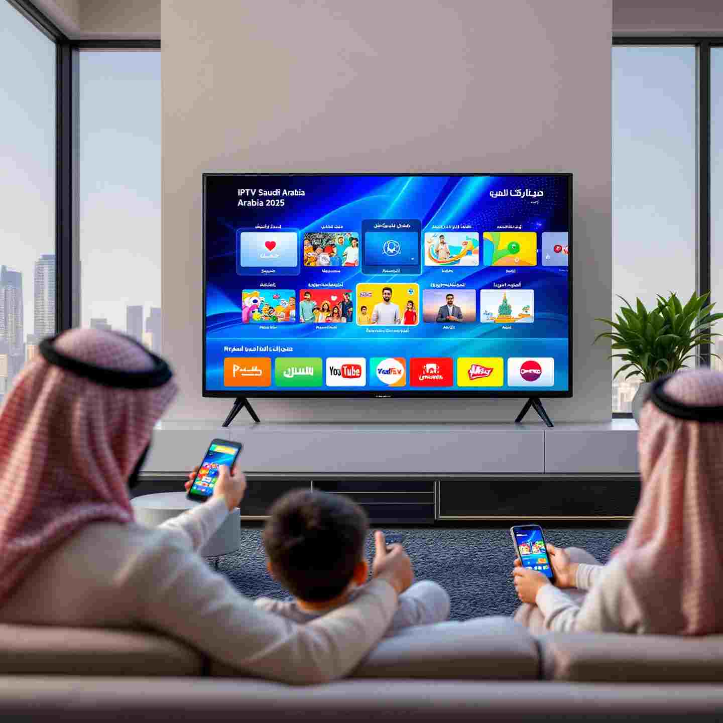 Modern smart TV displaying multiple Saudi and international channels with IPTV Saudi Arabia interface against Riyadh skyline background