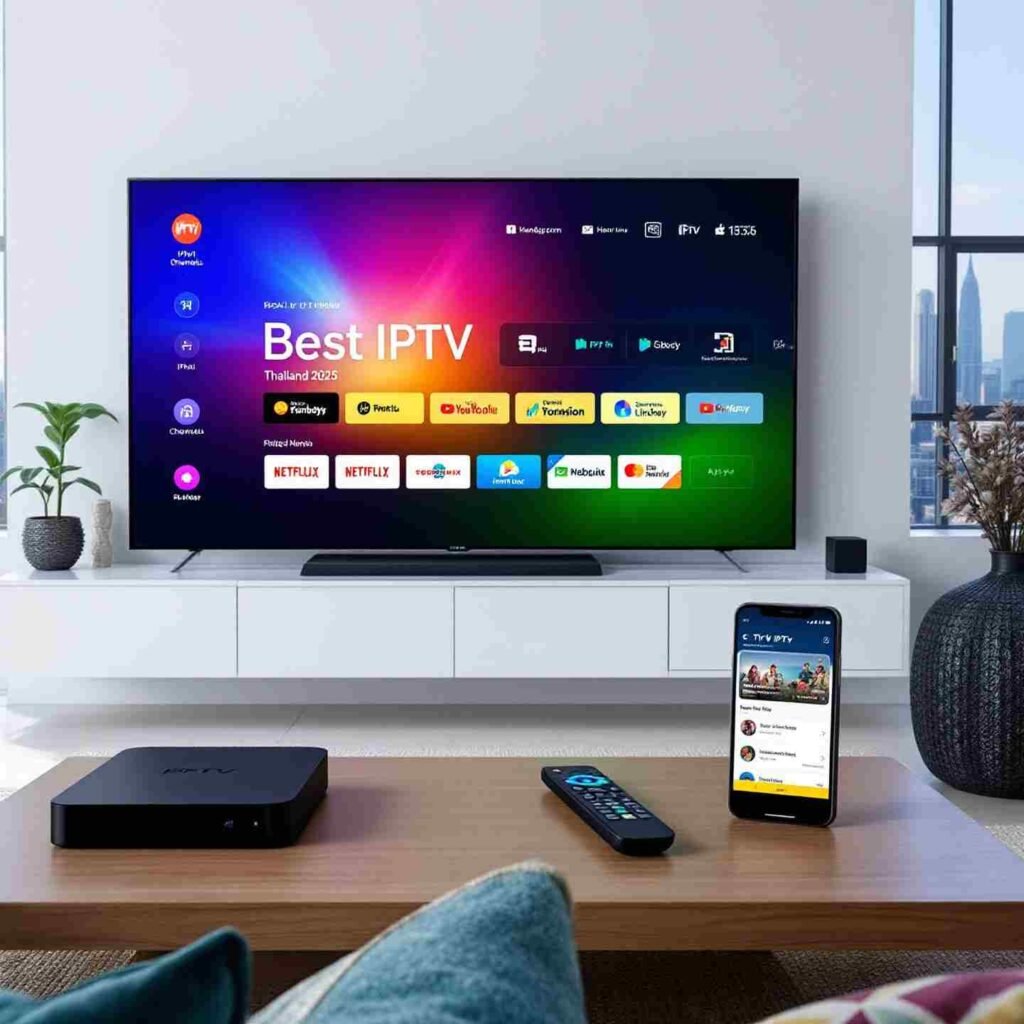 Multiple devices displaying IPTV streaming services with Thai content and text overlay reading 'Best IPTV Thailand Service Providers 2025