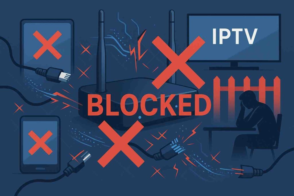Modern illustration showing ISP IPTV block services with a WiFi router, red blocked symbols over streaming devices, interrupted data streams, and frustrated user silhouette