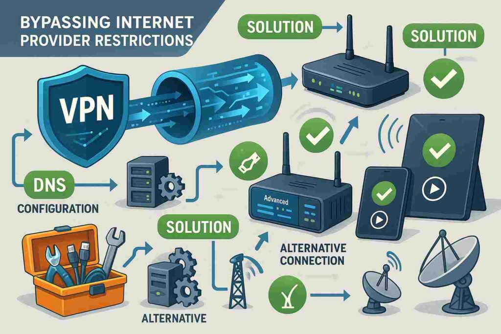 Comprehensive tech illustration showing multiple IPTV blocking bypass solutions including VPN tunnels, DNS configuration, advanced routers, 5G towers, and satellite connections with streaming devices