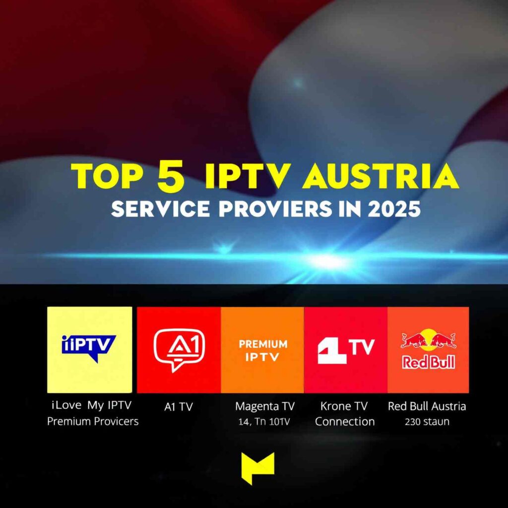 Collage of top 5 IPTV Austria service providers in 2025 featuring streaming devices, Austrian landmarks, and provider logos against a modern digital background