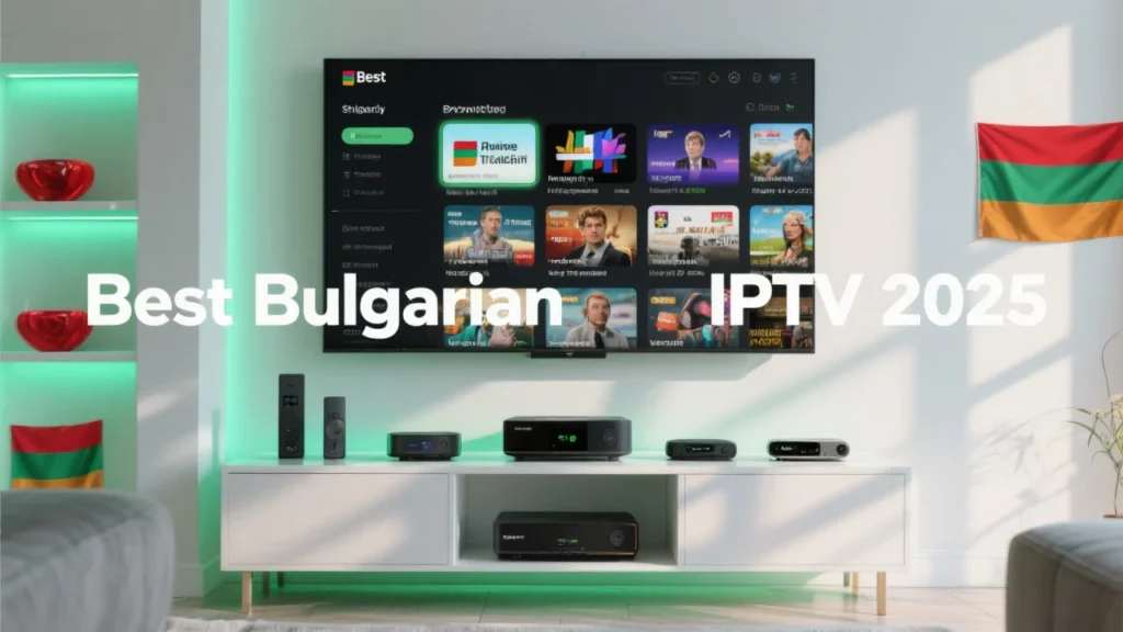 Modern smart TV displaying Bulgarian IPTV channels with streaming devices and "Best Bulgarian IPTV 2025" text overlay in home entertainment setup with Bulgarian flag colors