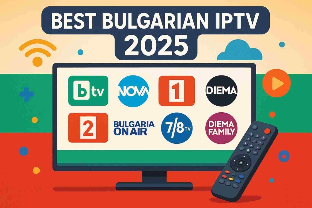 Modern flat-screen TV displaying Bulgarian channels with a remote control and streaming technology symbols, representing Best Bulgarian IPTV 2025