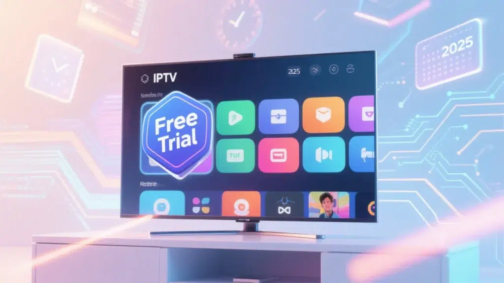 Sleek smart TV displaying a colorful IPTV interface with a “Best Free IPTV” badge, futuristic digital elements, and a visible “2025” calendar, representing the best free IPTV test options for 2025.