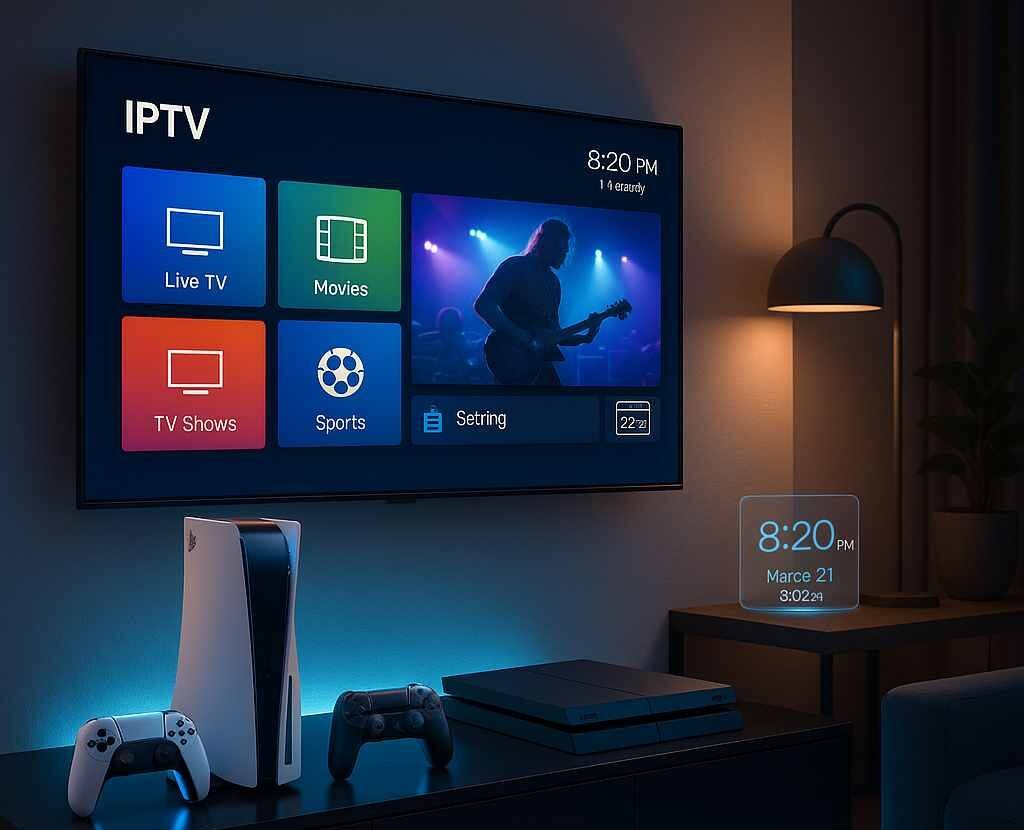 PlayStation 4 and PlayStation 5 consoles side by side in a modern living room, with a large TV displaying a colorful Best IPTV app interface and futuristic 2025 elements.