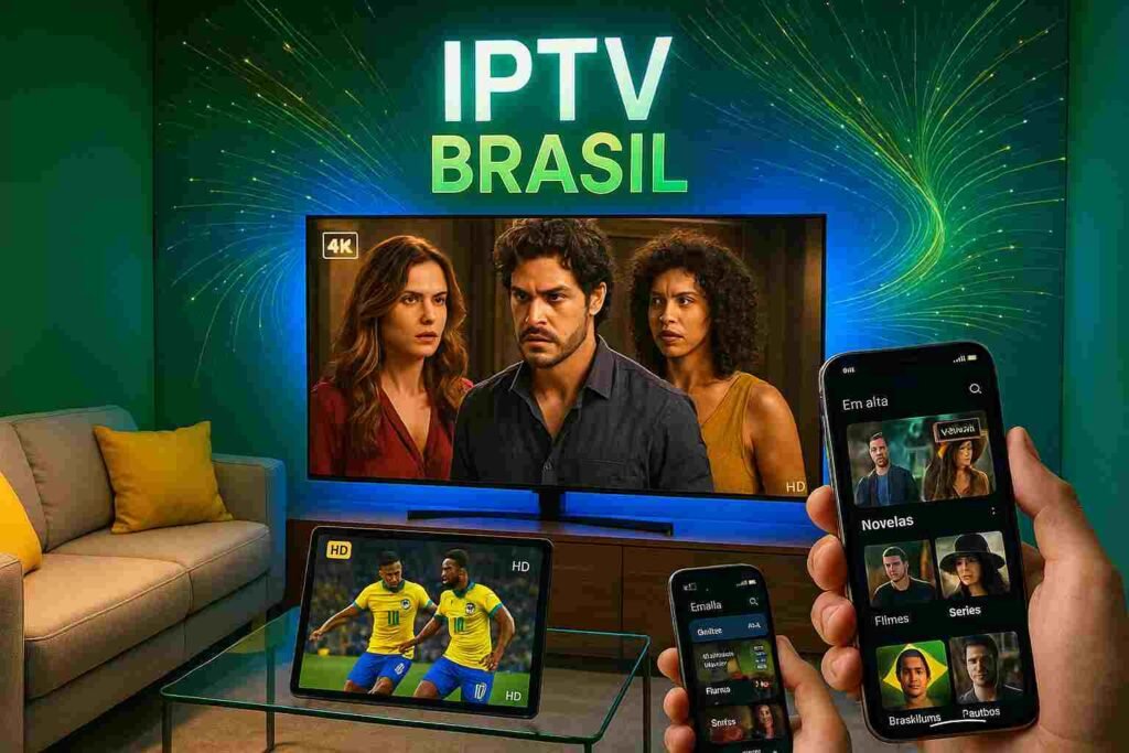 Modern Brazilian living room with smart TV, tablet and smartphone displaying IPTV Brazil streaming services including novelas and football, featuring Brazilian flag colors and IPTV Brasil text overlay