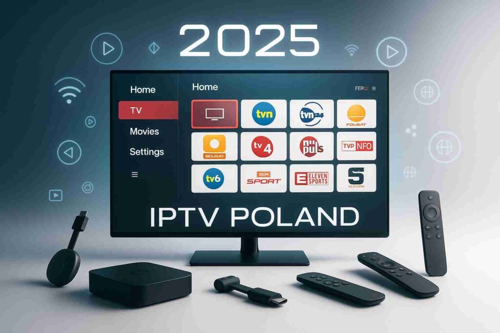 Modern smart TV displaying IPTV Poland 2025 streaming interface with Polish channels, surrounded by high-tech streaming devices and digital icons in blue and white tech design