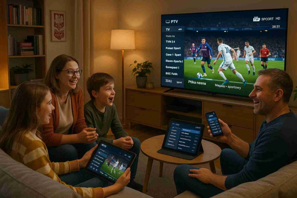 Polish family of four sitting on modern sofa watching IPTV football match on large smart TV in contemporary living room with tablets and smartphones showing streaming apps
