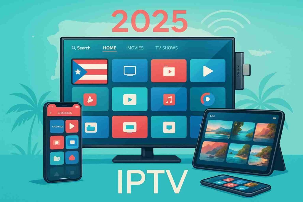 Modern smart TV displaying IPTV Puerto Rico channel grid with streaming devices including Fire TV stick, smartphone and tablet, featuring Puerto Rico map silhouette, wireless signals, and "2025 IPTV" text in Caribbean-inspired colors