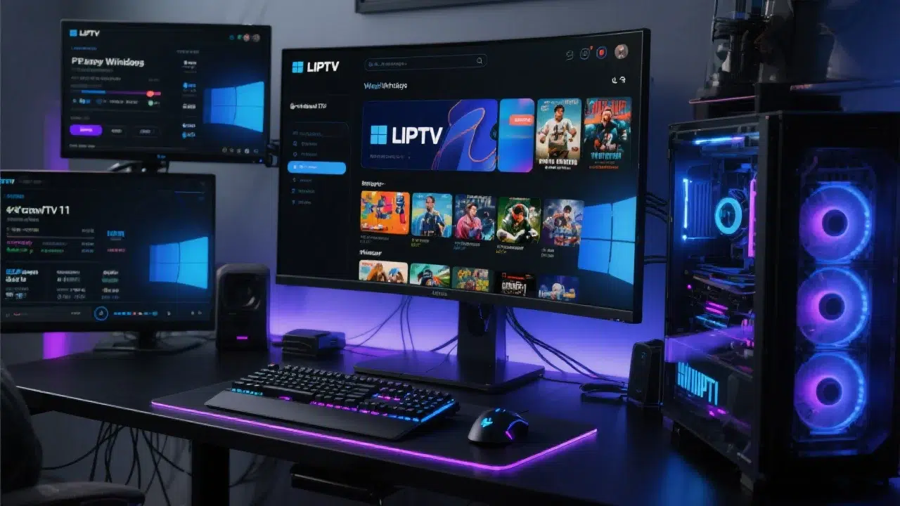 Lazy IPTV Player Windows application displayed on premium multi-monitor gaming setup with RGB lighting and modern desktop environment