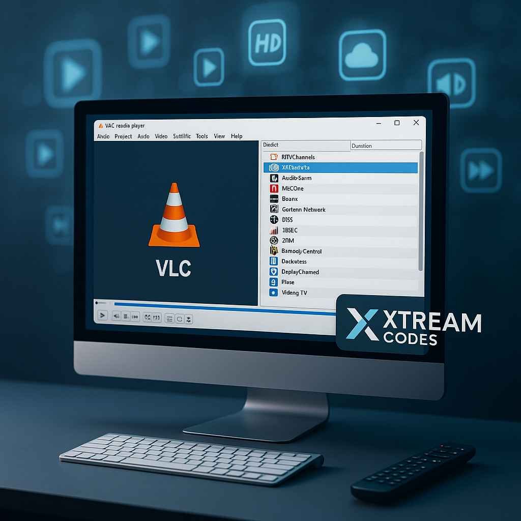 Computer screen displaying VLC Player with an IPTV playlist, surrounded by digital streaming icons and the Xtream Codes IPTV logo, representing IPTV setup in 2025