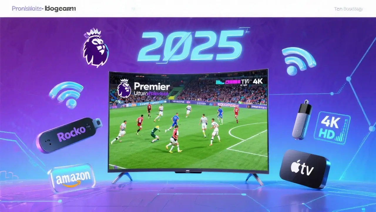 Modern smart TV displaying IPTV Premier League football match with streaming device icons and 2025 text on purple-blue gradient background for IPTV blog header