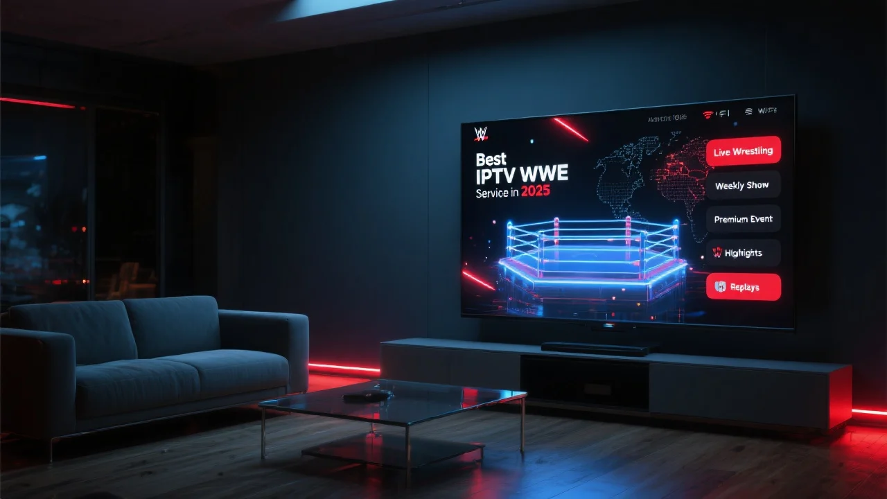 Smart TV in a modern living room shows an IPTV wrestling interface; a holographic ring glows in neon red/blue with “Best IPTV WWE Service in 2025