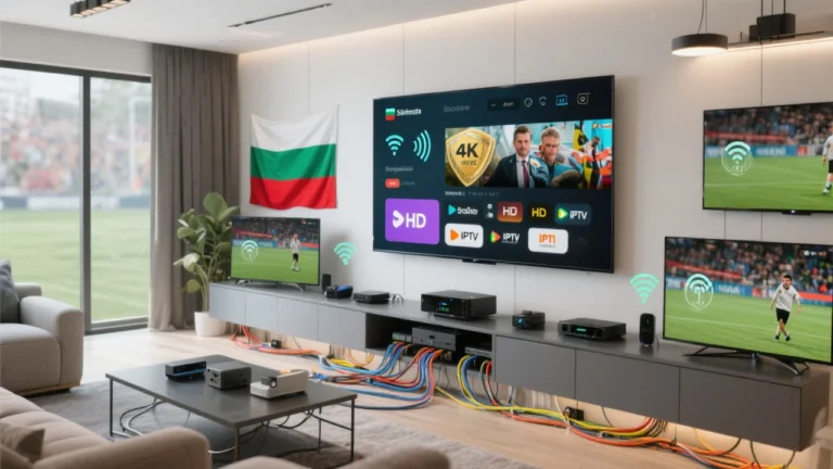 Modern Bulgarian living room with smart TV displaying IPTV channels, streaming devices, and fiber optic setup showcasing 2025 IPTV Bulgaria services with 4K quality indicators