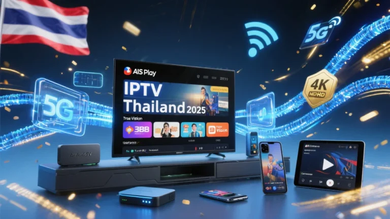 IPTV Thailand 2025 service providers comparison showing smart TV with Thai channels, streaming devices including Android TV box and mobile devices, fiber optic connections, and logos of major providers AIS Play, True Vision, and 3BB
