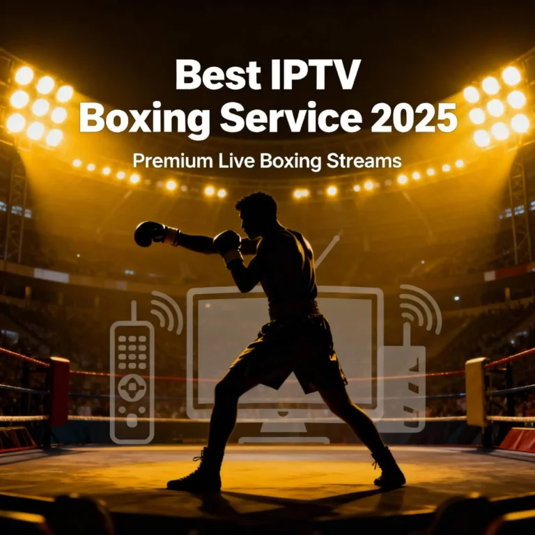Best IPTV Boxing Service 2025 - Premium live boxing streams with silhouetted boxer in professional ring under stadium lights