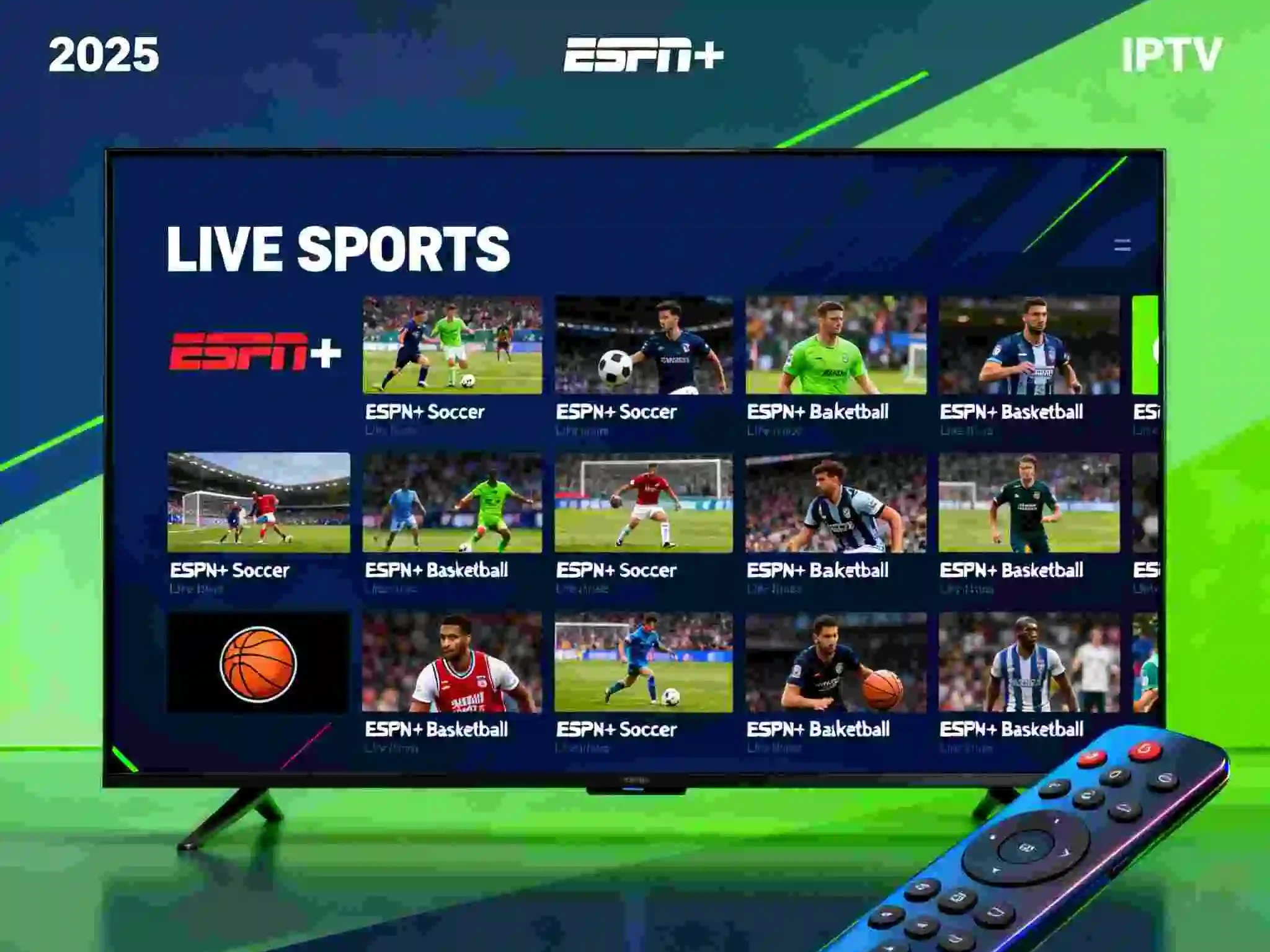 Modern IPTV ESPN+ channels streaming interface displaying ESPN+ channels on TV screen with remote control, showcasing 2025 sports streaming technology